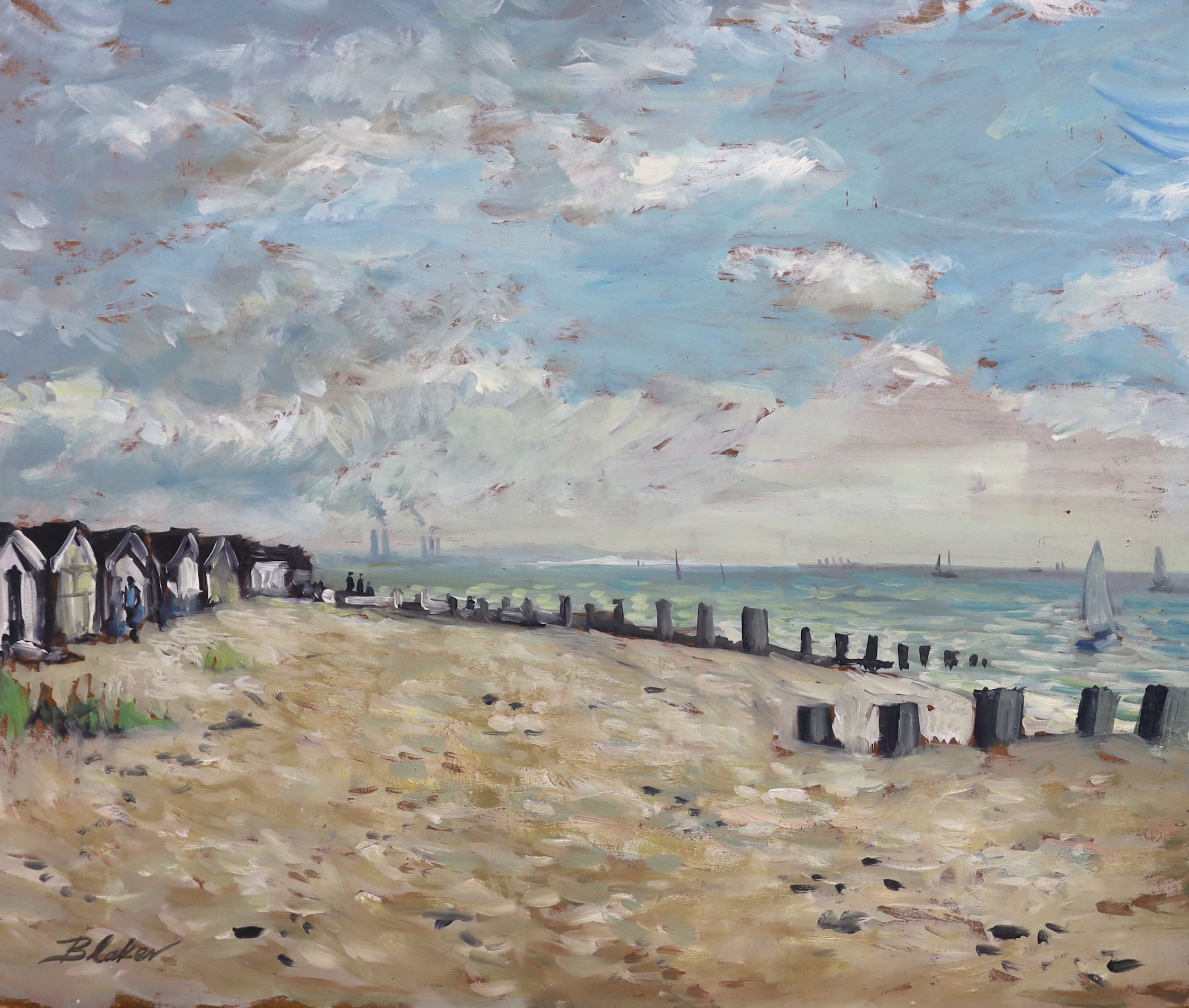 Michael John Blaker (1928-2018), two oils on board, ‘beach scene, Sussex’ and ‘Breezy day, near Brighton’, signed, largest 50 x 60cm unframed